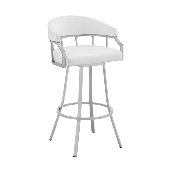 Armen Living Palmdale 30" Swivel White Faux Leather and Silver Metal Bar Stool 795044878165 - main